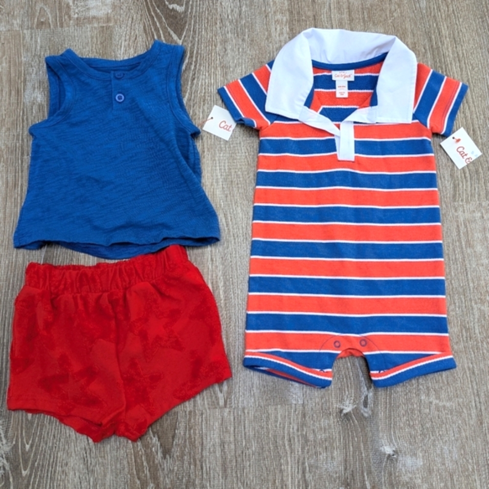 NWT Cat & Jack Red White & Blue Patriotic Stars Set of Outfits Size 6-9 Months